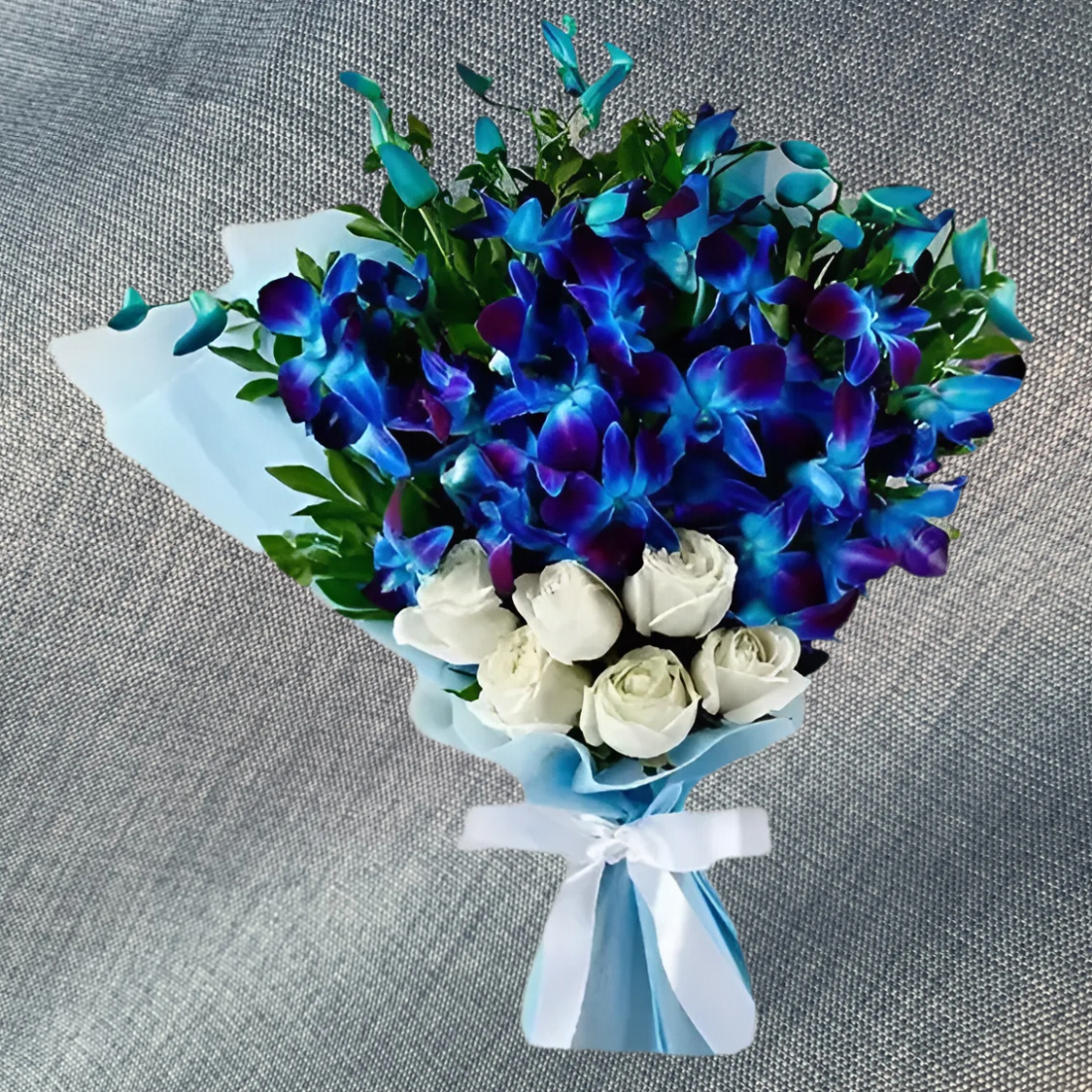 Blue Orchid with White Rose Bouquet