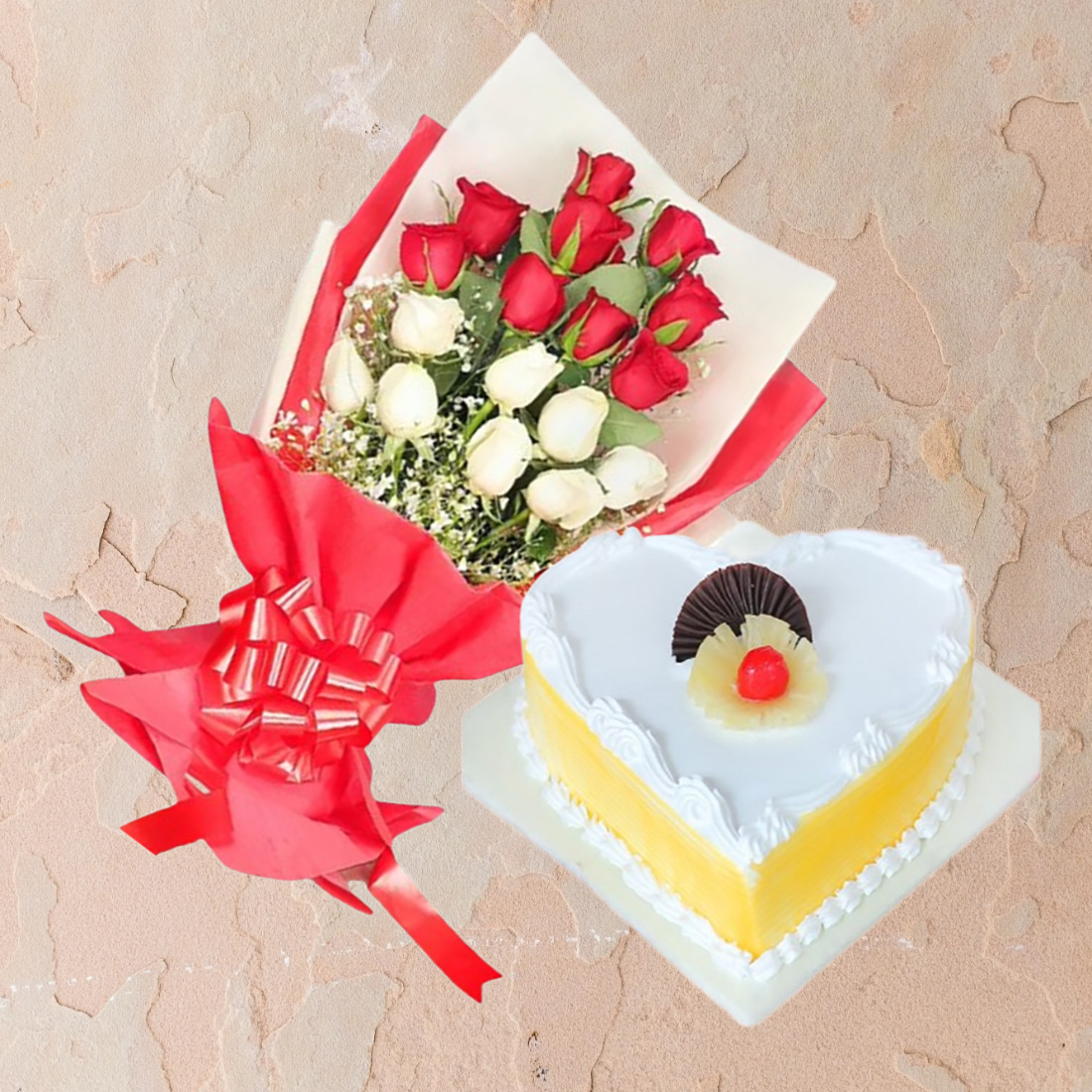 Heart Shape Pineapple Cake with Mix Rose Bouquet