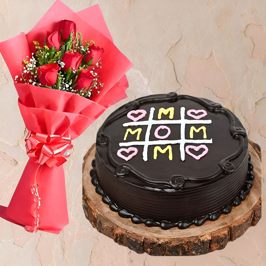 Mothers Day Chocolate Cake With Red Rose Bouquet