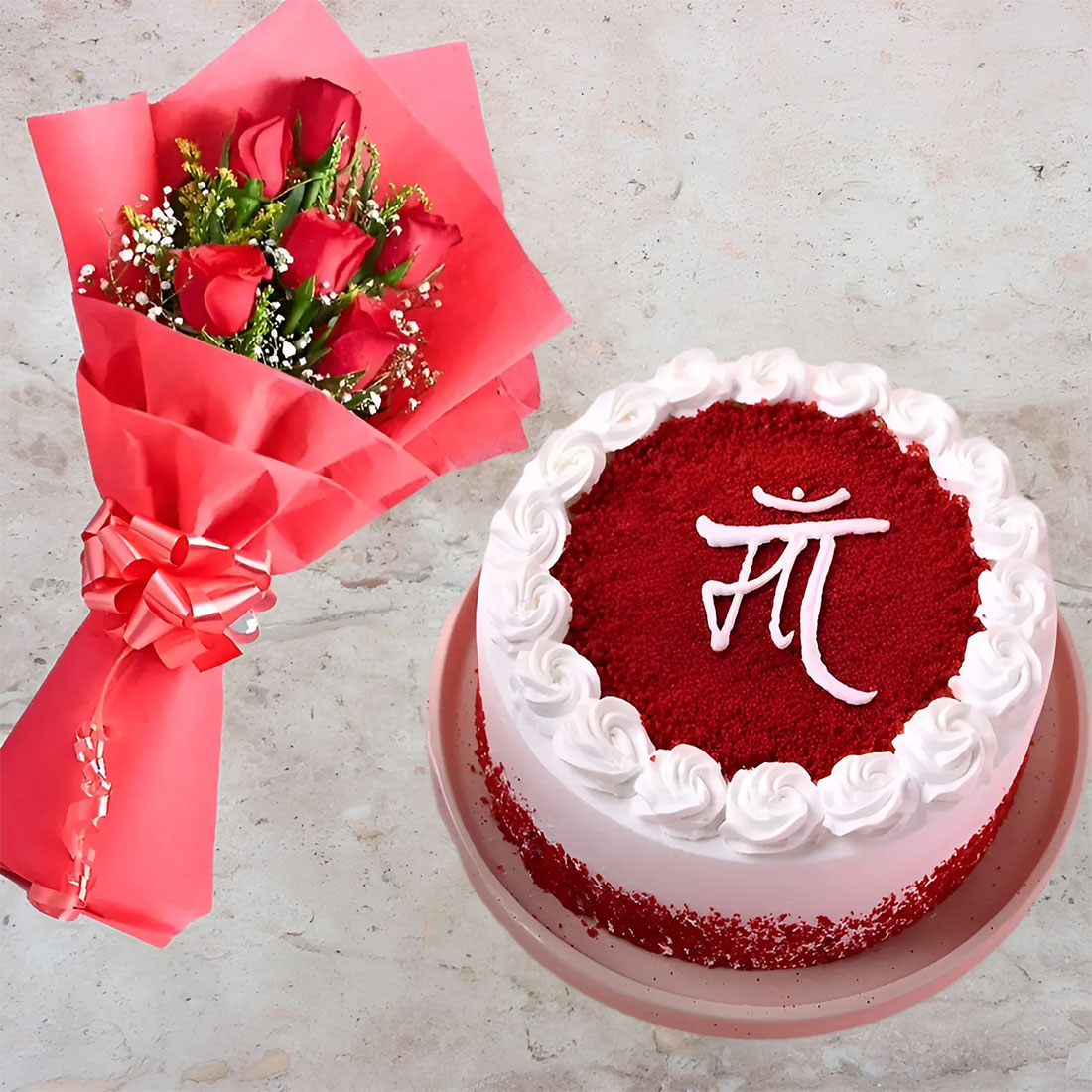 Mother's Day Red Velvet Cake With Red Rose Bouquet