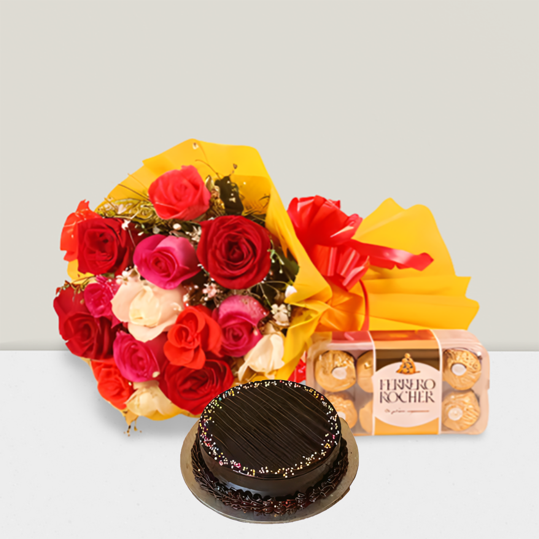 Mix Rose  And Chocolate Truffle Cake With Ferrero Rocher