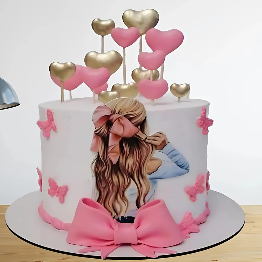 Pink Hearts and Bow Cake