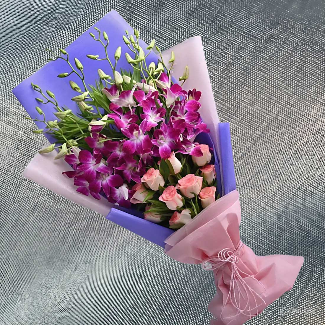 Pink Roses N Purple Orchid Bouquet