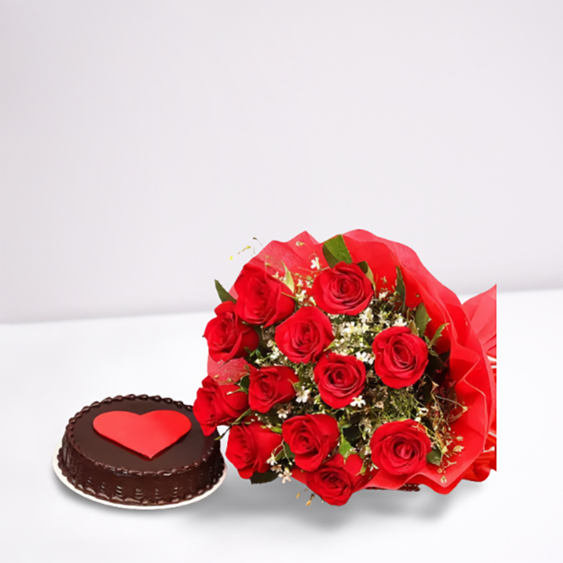 Red Heart Chocolate Cake n Red Rose Bouqet