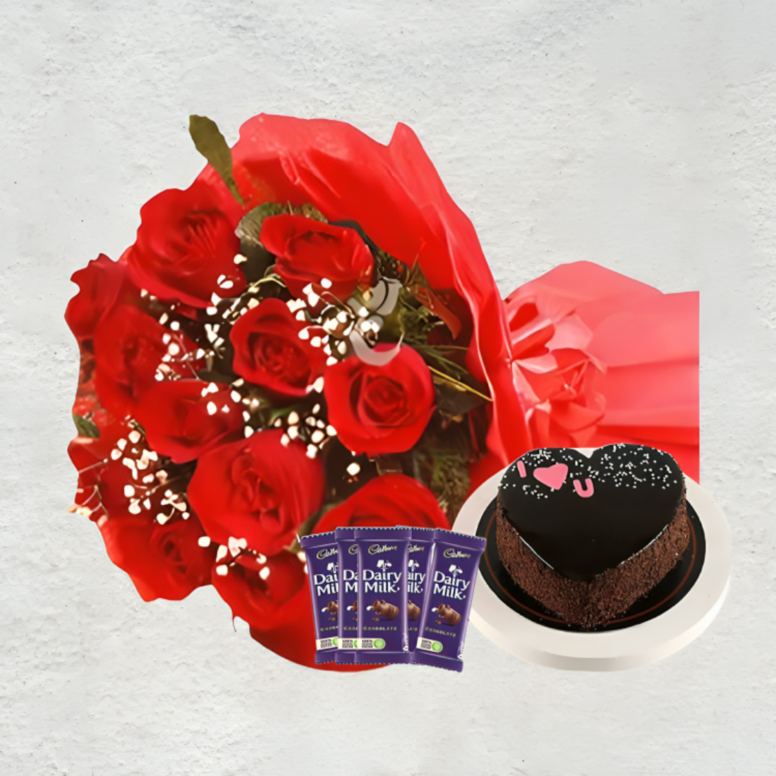 Red Rose Bouquet with Dairy Milk N Chocolate Cake