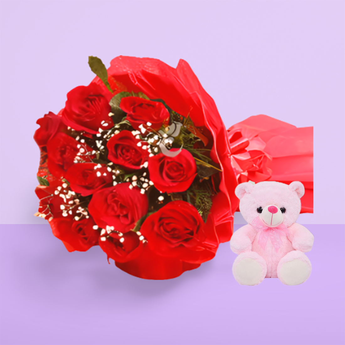 Red  Rose Bouquet With Pink Teddy