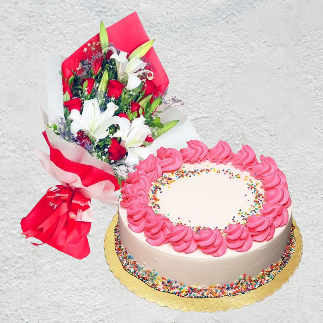 Strawberry Cake with Lily N Rose Bouquet