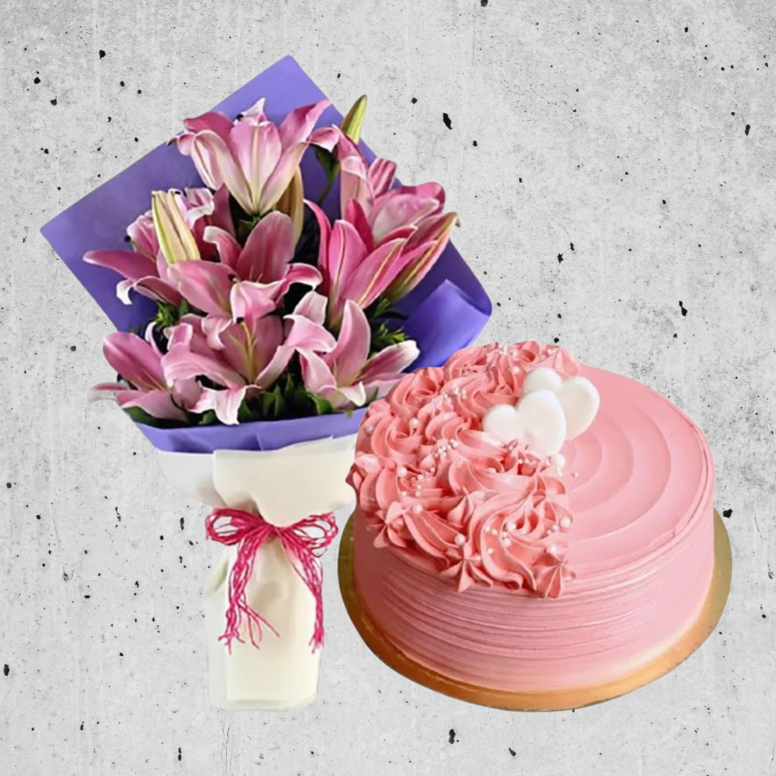 Strawberry Cake with Pink Lily Bouquet