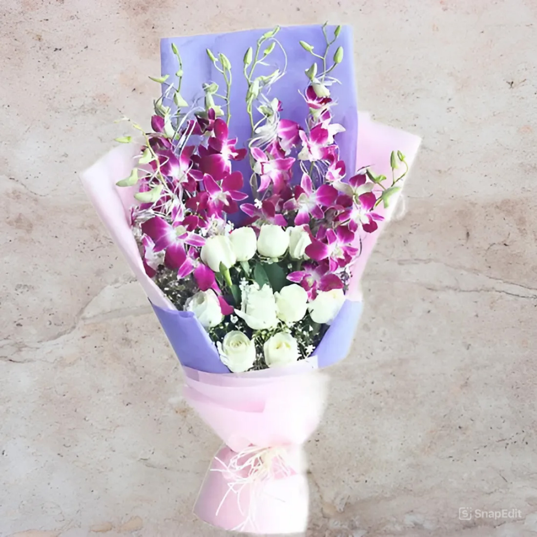 White Roses N Purple Orchid Bouquet