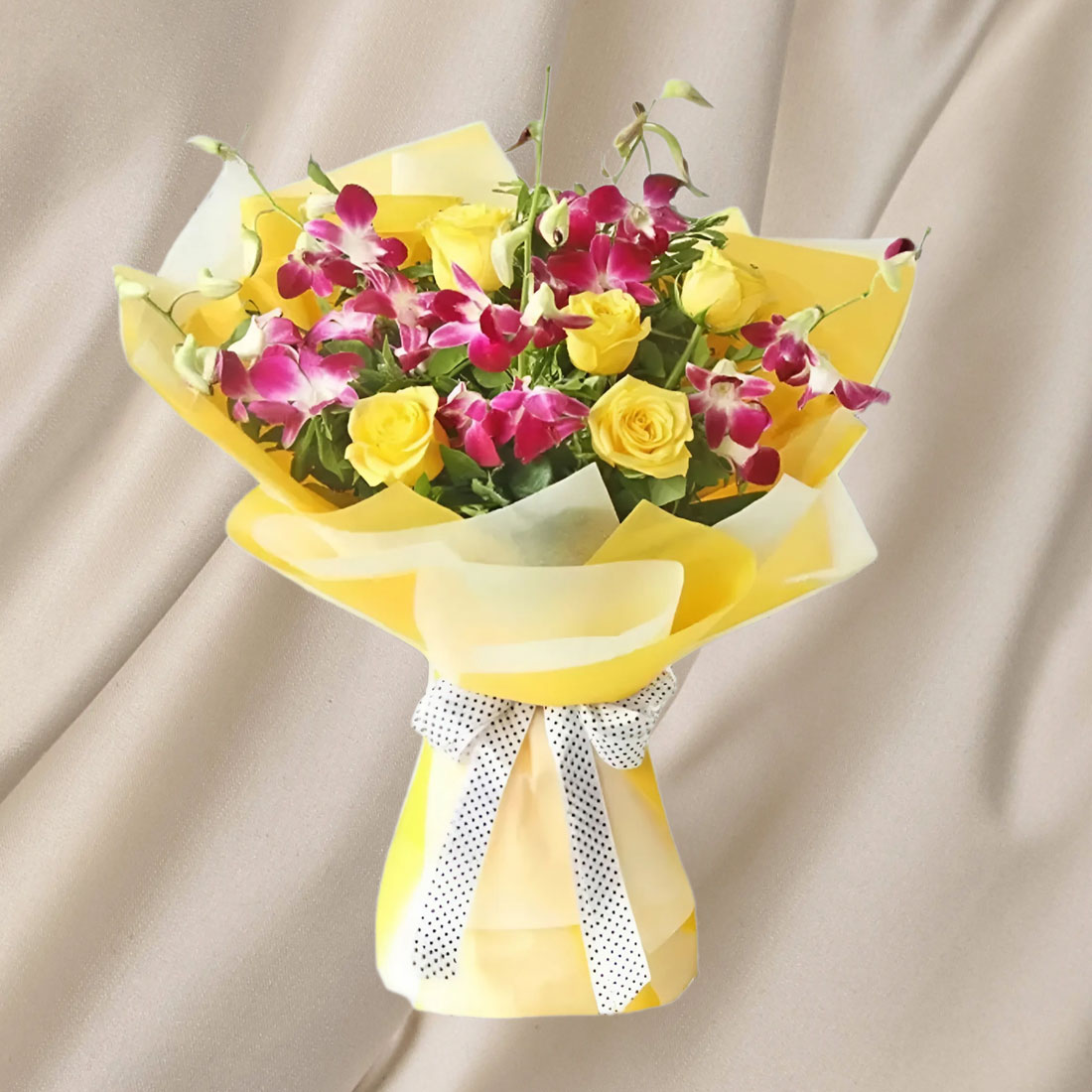 Yellow Roses N Purple Orchid Bouquet